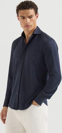Brunello Cucinelli Virgin wool, silk and cotton chalk stripe piqu&eacute; shirt with spead collar in Blue at Nordstrom, Size Xx-Large