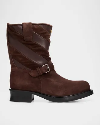 Valentino Garavani 40mm Rayons Mixed Leather Mid-Calf Moto Boots