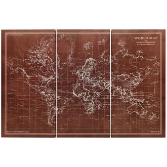OEM Cuadros En Lienzo Tr&iacute;pticos Mapamundi Vintage A Mano 120x60 Cm Con Marco De Madera Decoraci&oacute;n Para Dormitorio Marr&oacute;n