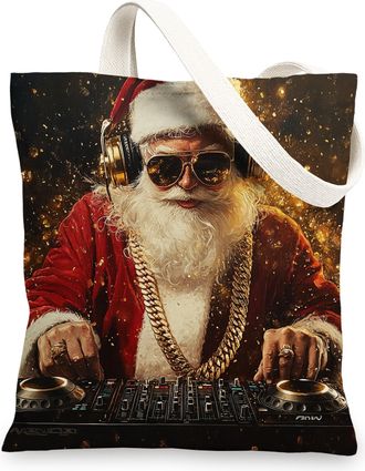 Generic Music Christmas Santa Claus Canvas Tote Bag for Shopping 13x15, Fun Cool Xmas DJ Musical Reusable Grocery Print Bag for Women, Holiday New Year Beach 