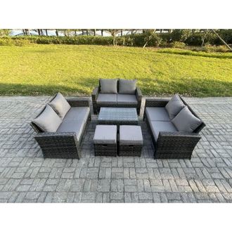 Fimous 6pc Rattan Sofa Garden Furniture Outdoor Patio Set with 2 Small Footstools Double Seat Sofa Dark Grey Mixed - Fimous