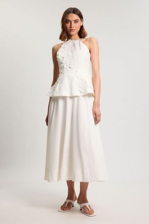 Karen Millen Womens Cotton Linen 3D Floral Midi Dress - White - Size 16 UK