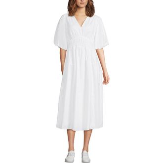Lands End Puff Sleeve Smocked Waist V Neck Dress in White at Nordstrom, Size Xx-Small