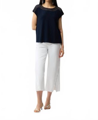 Joseph Ribkoff Guipure Neckline Short Sleeve Top In Midnight Blue