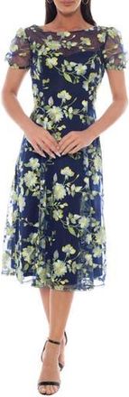 OLEG CASSINI Floral Embroidered Mesh A-Line Midi Dress in Navy Multi at Nordstrom Rack, Size Small