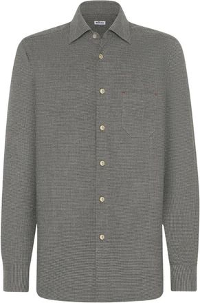 Kiton Nerano Houndstooth Flannel Shirt - Heren - Casual Overhemden - Grijs - L - Katoen - Overhemden