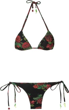 Amir Slama rose-print triangle bikini - women - Polyamide/Elastane - GG - Black