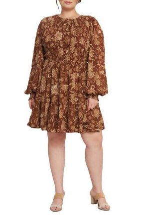 Flying Tomato Smocked Long Sleeve Fit & Flare Dress in Brown at Nordstrom Rack, Size 1 X