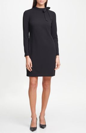Calvin Klein Tie Neck Long Sleeve Shift Dress in Black at Nordstrom Rack, Size 12