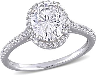 Mimi & Max 2ct DEW Oval Created Moissanite and 1/4ct TW Diamond Double Halo Engagement Ring in 14k White Gold