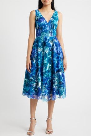 Eliza J Embroidered Sleeveless Fit & Flare Cocktail Dress in Teal at Nordstrom, Size 12