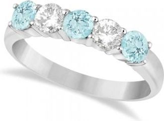 Allurez Five Stone Diamond and Aquamarine Ring 14k White Gold (1.36ctw)
