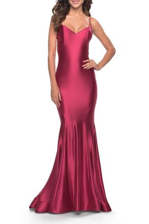La Femme Liquid Jersey Mermaid Gown with Lace Up Back in Deep Red at Nordstrom, Size 10