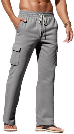 Feoya Mens Linen Trousers Casual Lightweight Workout Yoga Pants Elastic Waist Drawstring Linen Pants with Cargo Pockets for Holiday Beach Summer Grey M