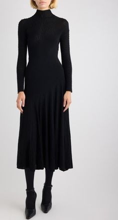 Alaia Twisted Rib Long Sleeve Wool Blend Dress in Noir Alaia at Nordstrom, Size 10 Us