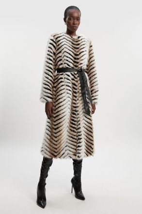Karen Millen Womens Zig Zag Faux Fur Collarless Belted Long Coat - Multicolour - Size 12 UK