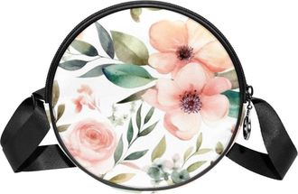 Generic Circle Crossbody Bag for Women, Floral Leaves Small Sling Bag Daypack with Zipper Adjustable Shoulder Straps Casual Ladies Girls Round Purse