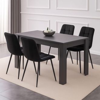 Kosy Koala Dining Table & 4 Chairs Black Dark Grey Velvet Chairs Wood Dining Set Furniture in Brown
