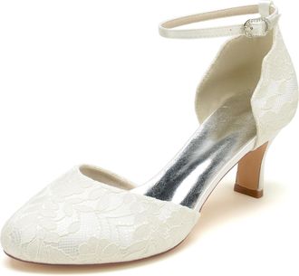 Generic Bridal Wedding Shoes Women Comfort Low Kitten Heel Buckle Ankle Strap Satin Party Dress Pumps 6.5Cm,Ivory,5 UK