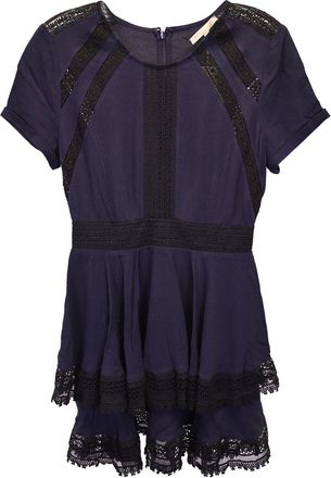 Maje Raglia Tiered Lace-inset Dress In Navy Blue Viscose
