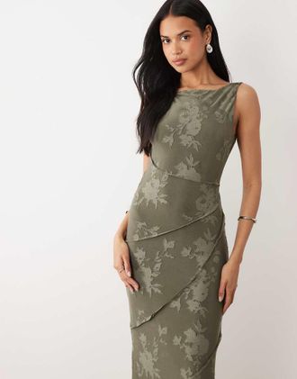 Asos Vestito lungo verde d&eacute;vor&eacute; con scollo ad anello e cuciture grezze