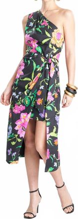 Natori Junko Cotton Poplin Asymmetrical Drape Dress In Black Multi