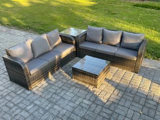 Fimous Indoor Outdoor Rattan Garden Furniture 6 Seater Set Table Sofa Chair Patio Conservatory with Grey Cushions Side Table in Dark Grey