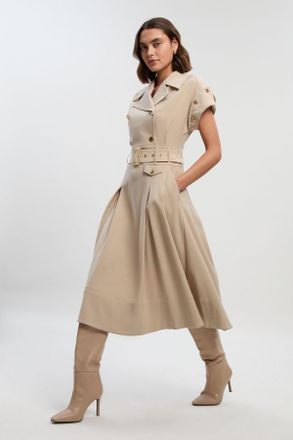 Karen Millen Womens Polished Tailored Button Detail Pleated Midi Dress - Beige - Size 14 UK