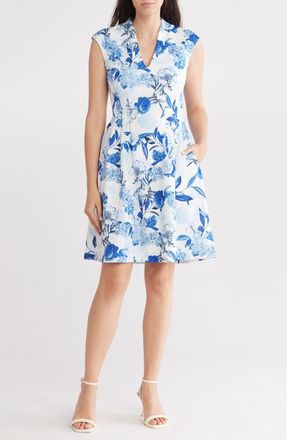Vince Camuto Floral Scuba Knit Fit & Flare Dress in White/blue Floral at Nordstrom Rack, Size 12