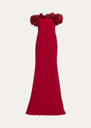 Teri Jon Ruffle Off-Shoulder Crepe Gown