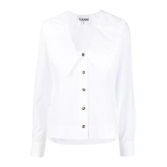 Ganni Cotton Poplin Oversized Peter Pan Collar Shirt - Dames - Blouses - Wit - M - Katoen - Overhemden