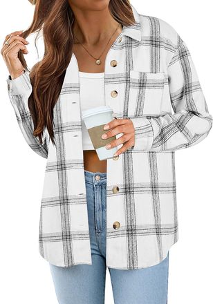 Zeagoo Ladies Loose Checked Shirt Flannel Oversized Shirts Long Sleeve Blouse with Pocket Cowboy Outfit Casual Collar Button-Down Tops Black and White S