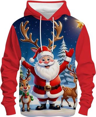 Generic Christmas Hoodies for Men Funny 3D Santa Claus with Sunglasses Graphic Hooded Sweatshirts Long Sleeve Pullover Tops Holiday Presents Gifts, E, XL