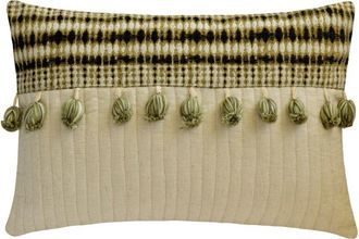 OEM Funda De Almohada Lumbar De 30 X 66 Cm (12 X 26 Pulgadas) En Color Beige Y Verde, Acolchada Con Retazos De Lino Y Borlas, Con Estampado De Rayas - Ket