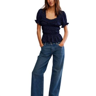 Free People Adore You Short Sleeve Blouse In Peacoat Combo