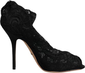 Dolce & Gabbana Black Lace Stretch Heels Mid Calf Boots Womens Shoes