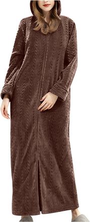 Generic Womens Zip Hooded Fleece Robe - Zip Up Bathrobes for Women Long Sleeve House Coat Full Length Nightgown Zip Up Dressing Gown Lightweight Dressing Gown