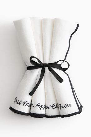 H&M 4er-Pack Bestickte Servietten - Weiss/Schwarz