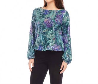 Karen Kane Prue Print Sequin Boatneck Top In Blue/green Multi