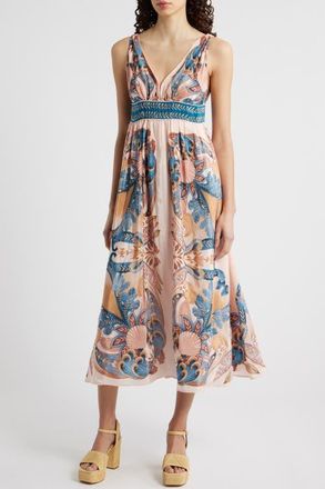 Farm Rio Garden Scarf Print Midi Dress in Garden Scarf Soft Pink at Nordstrom, Size Xx-Small