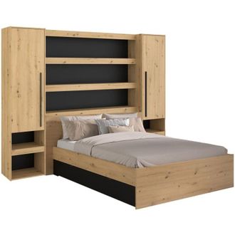 Vente-Unique Letto a ponte 160 x 200 cm Con vani portaoggetti Con LED Naturale e nero - VARLY