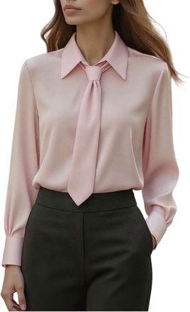 Generic Womens Casual Tops Satin Silk Shirt Long Sleeve Lapel Collar Top with Tie Ladies Slim Fit Chic Blouses Oversized Tunic T-Shirts Work Office Business V