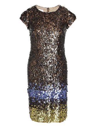 Oscar De La Renta embellished short-sleeved dress - women - Plastic/Fabric - 2 - Brown