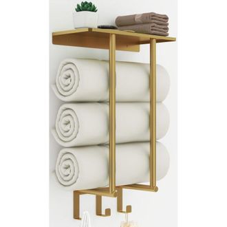 OEM Toallero De Ba&ntilde;o, Color Oro Mate, Soporte De Pared Con Estante Y 3 Ganchos Met&aacute;licos, Capacidad Para 3 Toallas Enrolladas (50 Cm) -crezuo