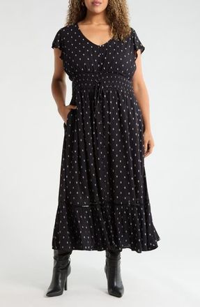 Treasure & Bond Smocked Dobby Maxi Dress in Black- Ivory Dobby Dot at Nordstrom, Size 2X