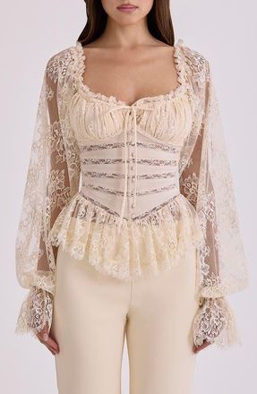 House of CB Cara Balloon Sleeve Crop Lace Top in Vintage Ivory at Nordstrom, Size X-Large