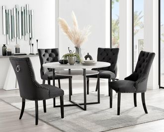 Furniturebox Adley Grey Concrete Effect Round Dining Table & 4 Belgravia Velvet Black Leg Chairs