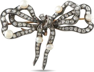 Luxury Bazaar Antique 14K Rose Gold 3.0ct Diamond and Pearl Brooch MF26-080326