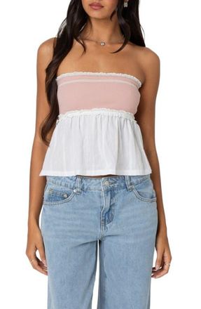 Edikted Rena Rib Peplum Tube Top in Pink-And-White at Nordstrom, Size X-Small