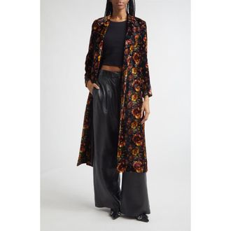 R13 Drapey Floral Double Breasted Velvet Duster Coat in Orange Multi Floral at Nordstrom, Size Xx-Small